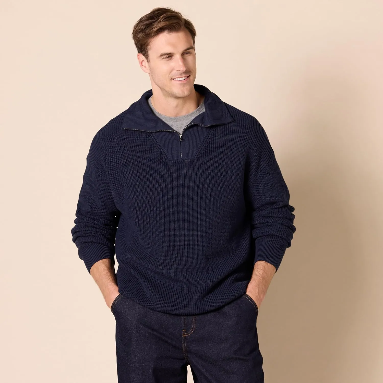 Amazon Essentials Men's Quarter-Zip Rib-Knit Relaxed-Fit Sweater
