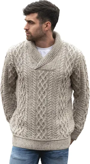 Aran Crafts Men's Soft Irish Cable Knit Shawl Collar Sweater (100% Merino Wool)
