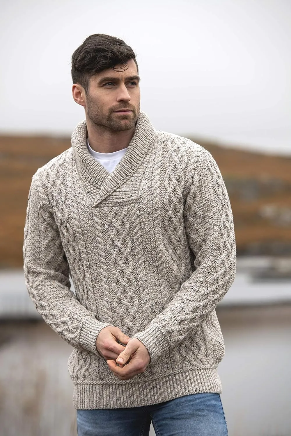 Aran Crafts Men's Soft Irish Cable Knit Shawl Collar Sweater (100% Merino Wool)