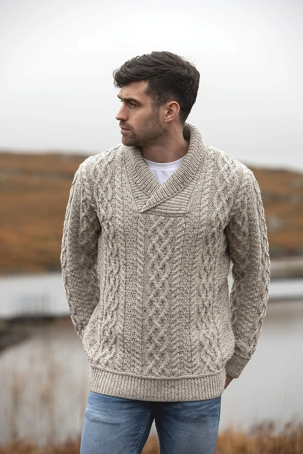 Aran Crafts Men's Soft Irish Cable Knit Shawl Collar Sweater (100% Merino Wool)