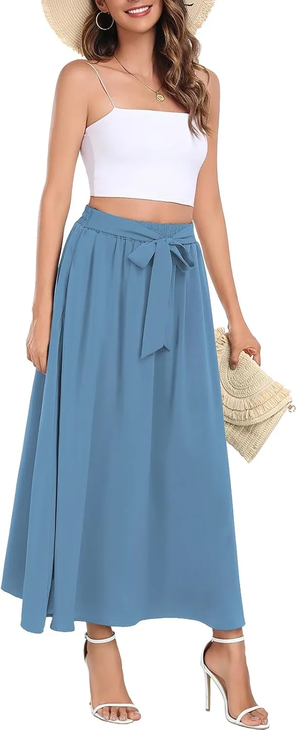 Askyes Womens Maxi Skirt Summer Trendy Tie Knot Elastic High Waisted Boho Casual Beach Flowy Swing Long Skirts with Pockets