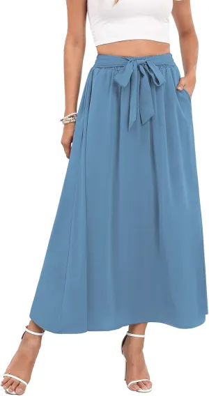 Askyes Womens Maxi Skirt Summer Trendy Tie Knot Elastic High Waisted Boho Casual Beach Flowy Swing Long Skirts with Pockets
