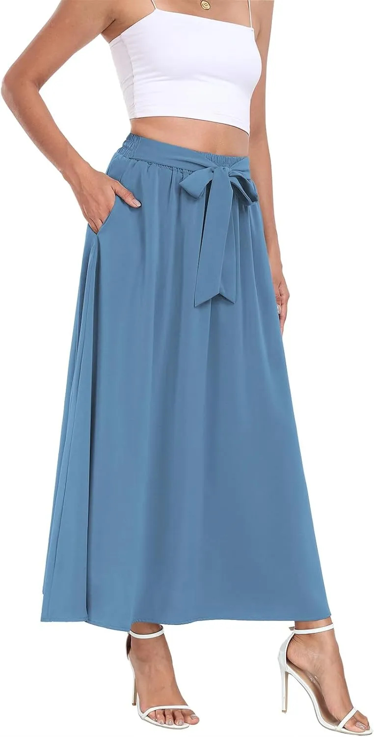 Askyes Womens Maxi Skirt Summer Trendy Tie Knot Elastic High Waisted Boho Casual Beach Flowy Swing Long Skirts with Pockets