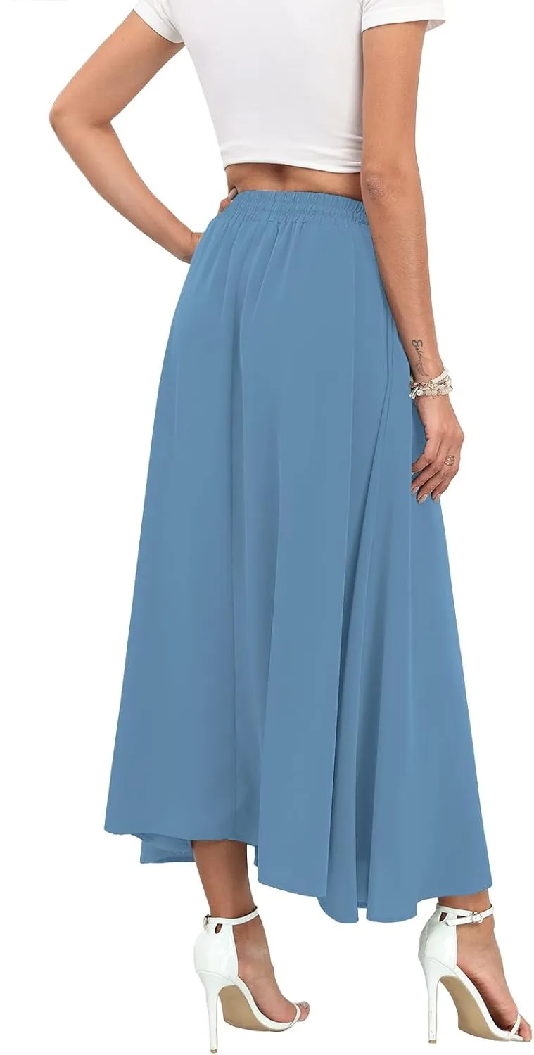 Askyes Womens Maxi Skirt Summer Trendy Tie Knot Elastic High Waisted Boho Casual Beach Flowy Swing Long Skirts with Pockets