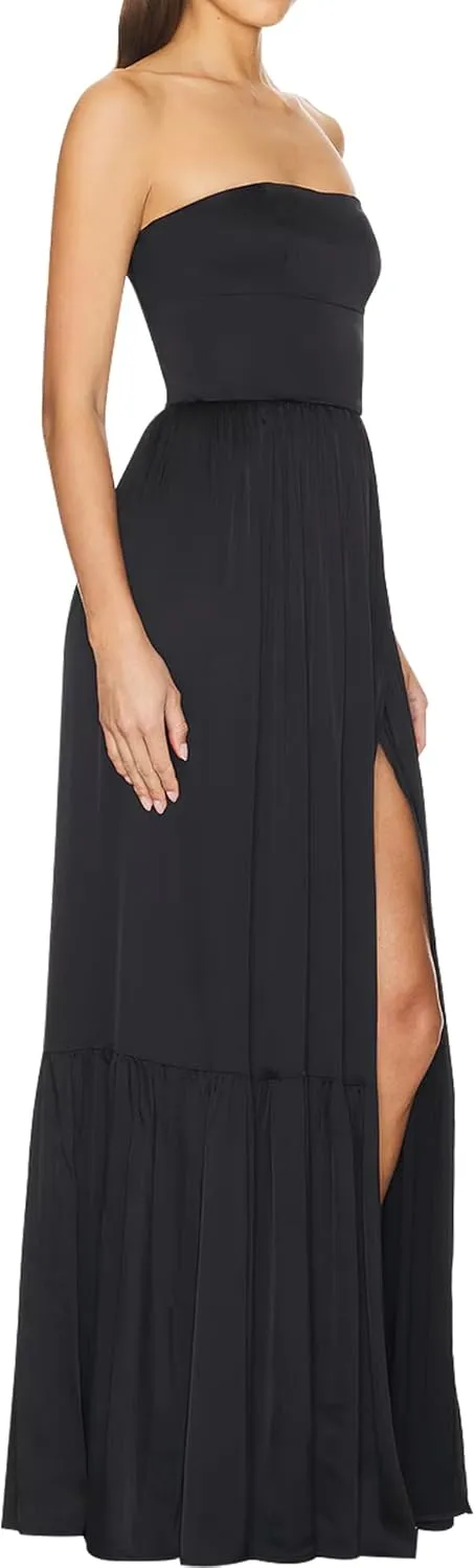 Azhong Women's Strapless Tube Maxi Dress Ruched High Waist Side Slit Beach Party Cocktail Long Dress