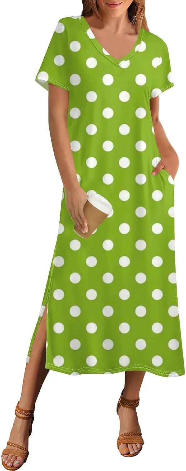 Beach Vacation Clothes for Women Summer Spring Dresses 2025 Short Sleeve Sundresses Slit Hem Maxi Dresses