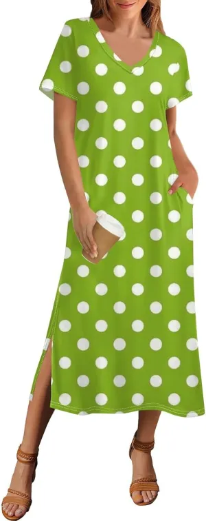 Beach Vacation Clothes for Women Summer Spring Dresses 2025 Short Sleeve Sundresses Slit Hem Maxi Dresses