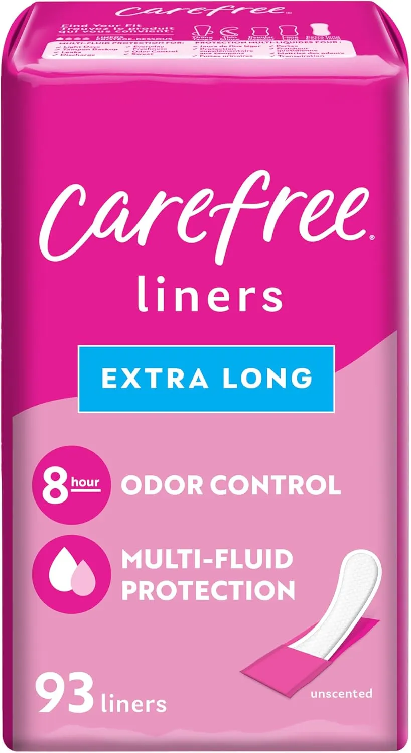 Carefree Panty Liners for Women, Extra Long, Wrapped, Unscented, 93ct | Pantiliners, Carefree, Daily Liners for Women, Light Periods and Leaks, 8-Hour Odor Control | 93ct (Packaging May Vary)