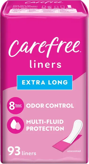Carefree Panty Liners for Women, Extra Long, Wrapped, Unscented, 93ct | Pantiliners, Carefree, Daily Liners for Women, Light Periods and Leaks, 8-Hour Odor Control | 93ct (Packaging May Vary)