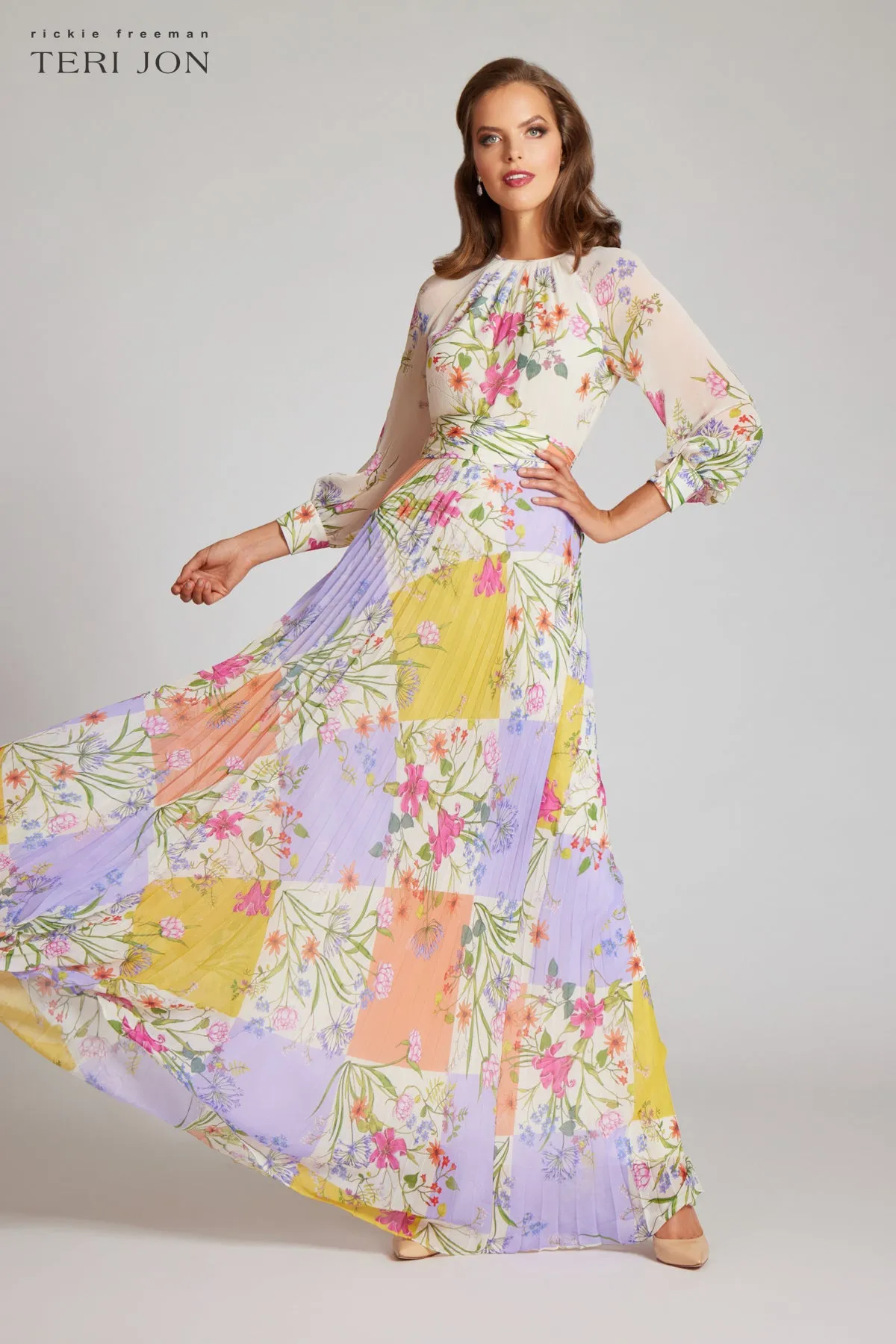 Chiffon Patchwork Floral Print Pleated Maxi Dress