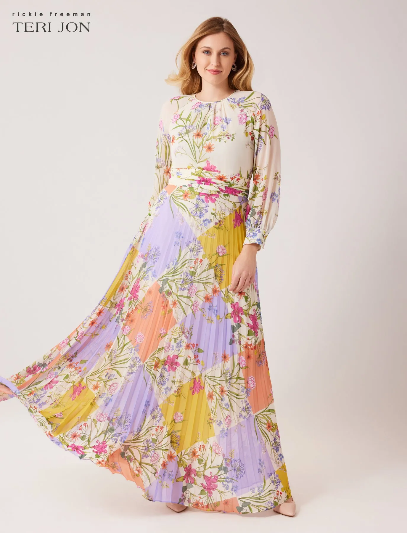 Chiffon Patchwork Floral Print Pleated Maxi Dress