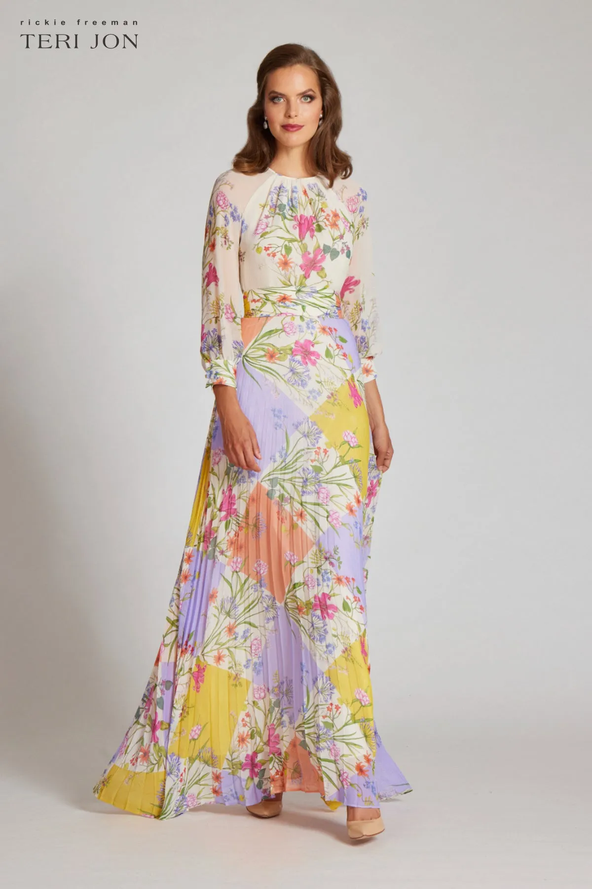 Chiffon Patchwork Floral Print Pleated Maxi Dress