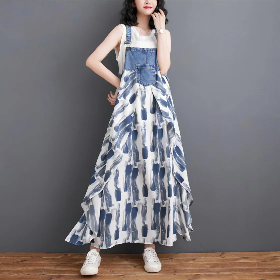 chouyatou Women's Sleeveless Denim Chiffon Splicing Ruffle Overall Dress Loose Maxi Bib Jumper Dress