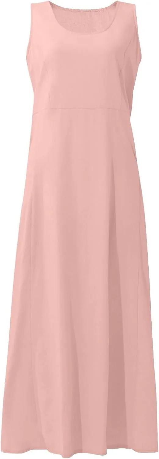 Cotton Linen Dresses for Women,Maxi Sleeveless Dresses Summer Casual Print Cotton Linen Sundress with Pockets (S-3XL)