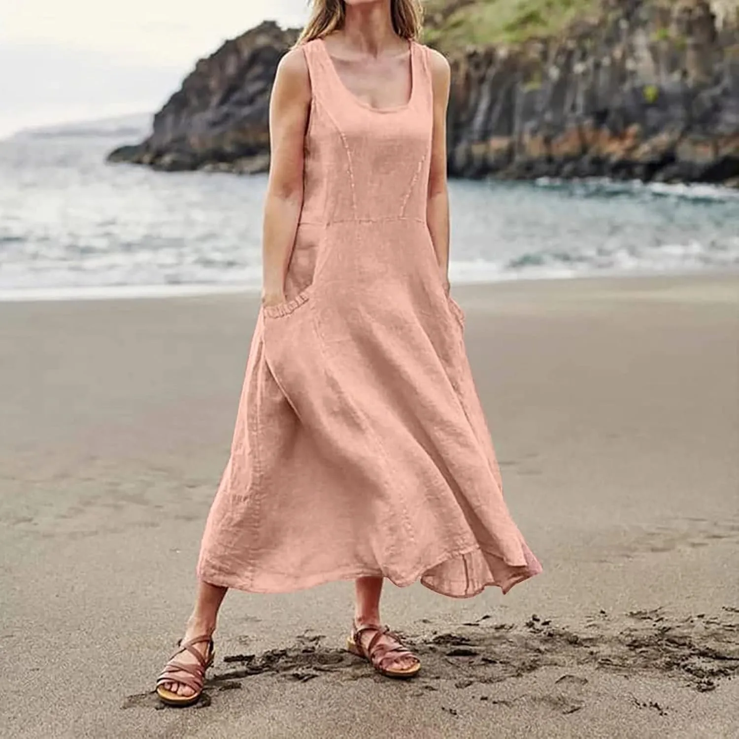 Cotton Linen Dresses for Women,Maxi Sleeveless Dresses Summer Casual Print Cotton Linen Sundress with Pockets (S-3XL)