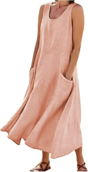 Cotton Linen Dresses for Women,Maxi Sleeveless Dresses Summer Casual Print Cotton Linen Sundress with Pockets (S-3XL)