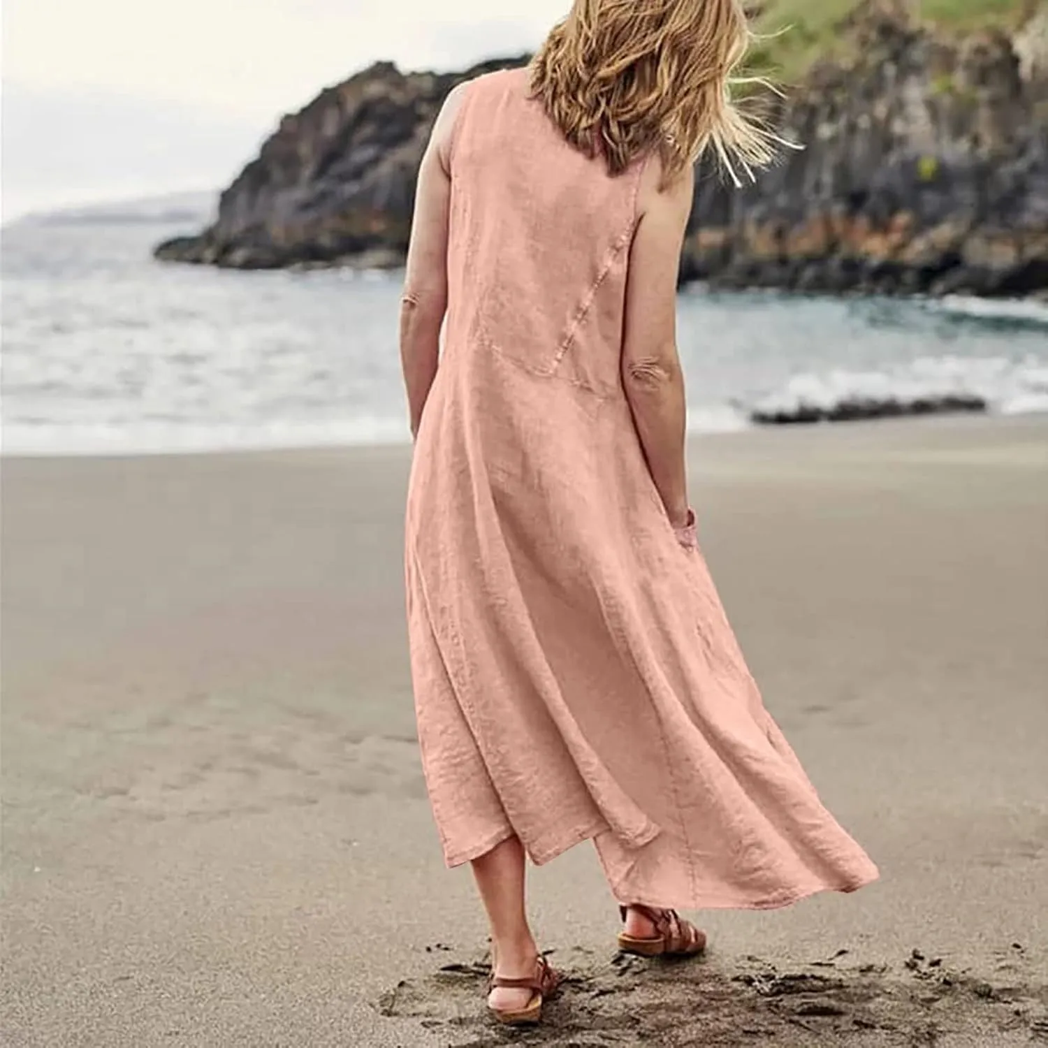 Cotton Linen Dresses for Women,Maxi Sleeveless Dresses Summer Casual Print Cotton Linen Sundress with Pockets (S-3XL)