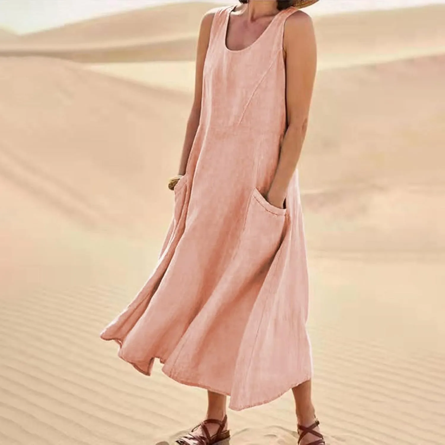 Cotton Linen Dresses for Women,Maxi Sleeveless Dresses Summer Casual Print Cotton Linen Sundress with Pockets (S-3XL)