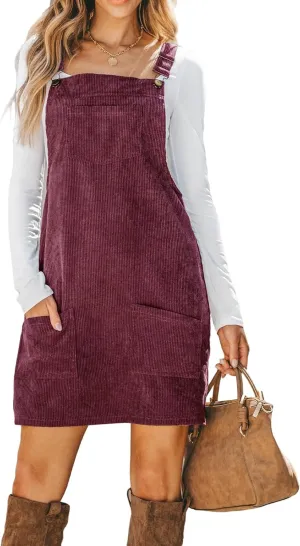 CUPSHE Women Corduroy Summer Dress Front Bib Pocket Square Neck Wide Strap Casual Overall Holiday Vacation Fall Mini Dress