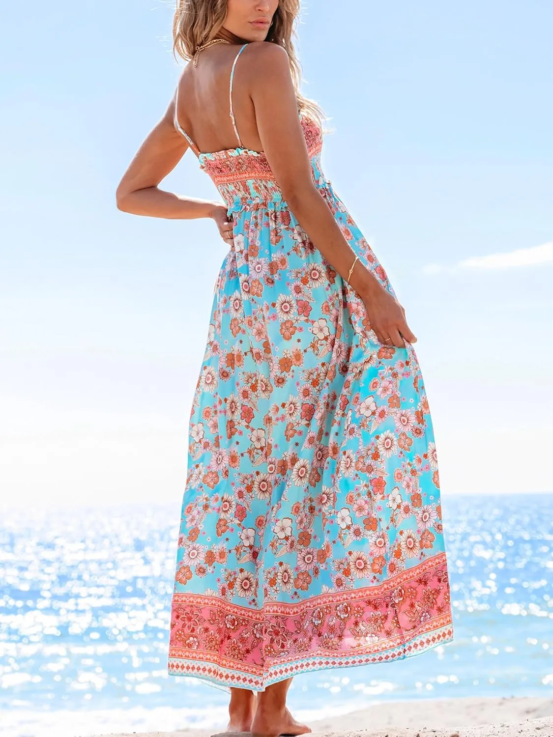 CUPSHE Women's Maxi Dress Ditsy Floral Smocked Summer Sundress Sleeveless Ruffled Spaghetti Straps Long Beach Formal Dress