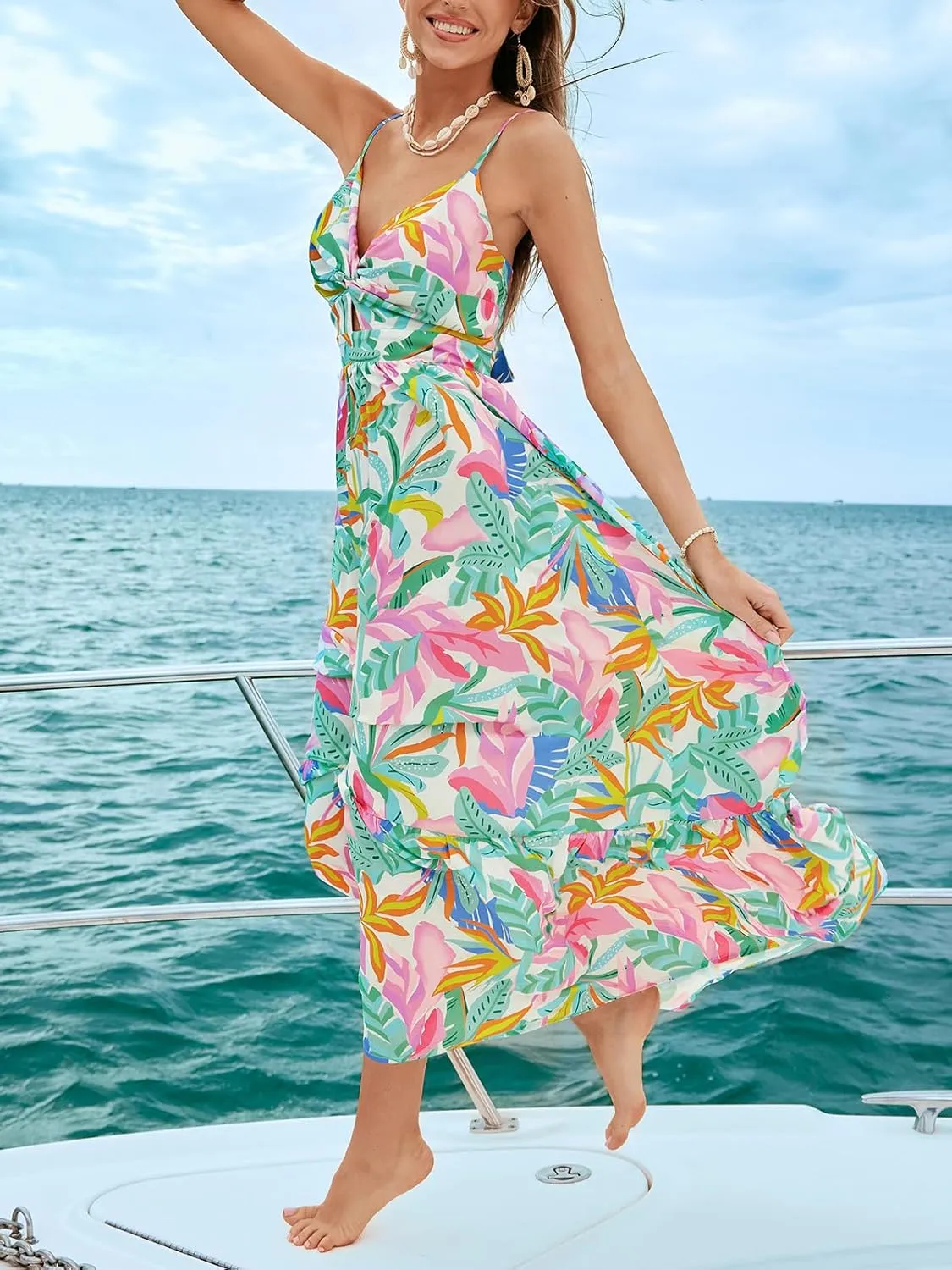 CUPSHE Women's Maxi Dress Floral Print Twisted V Neck Sleeveless Long Dress Summer Casual Dress