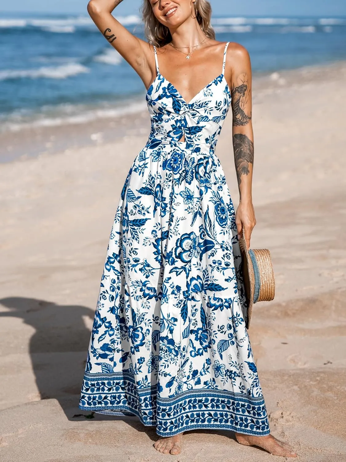 CUPSHE Women's Maxi Dress Floral Print Twisted V Neck Sleeveless Long Dress Summer Casual Dress