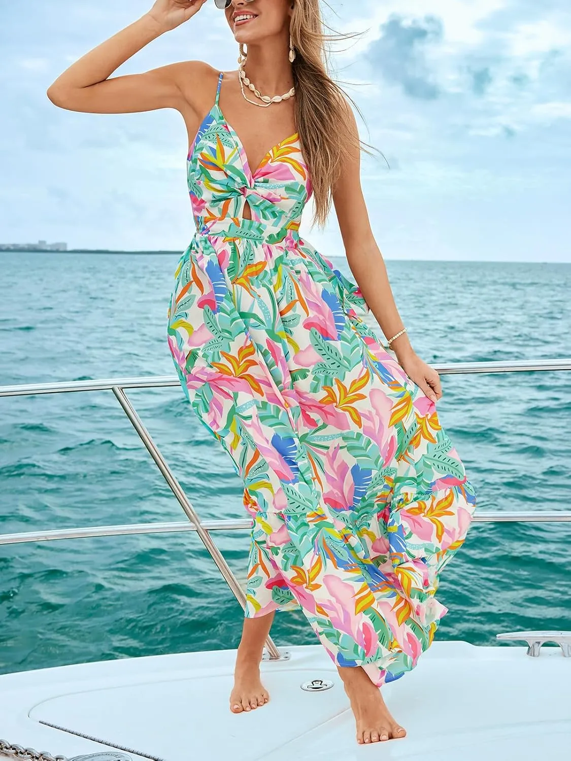 CUPSHE Women's Maxi Dress Floral Print Twisted V Neck Sleeveless Long Dress Summer Casual Dress
