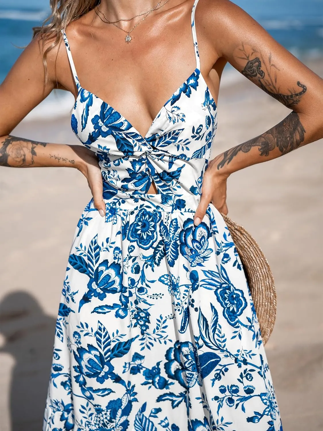 CUPSHE Women's Maxi Dress Floral Print Twisted V Neck Sleeveless Long Dress Summer Casual Dress