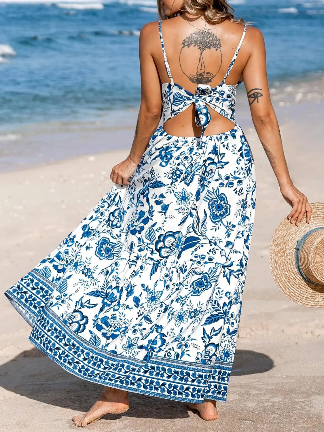 CUPSHE Women's Maxi Dress Floral Print Twisted V Neck Sleeveless Long Dress Summer Casual Dress