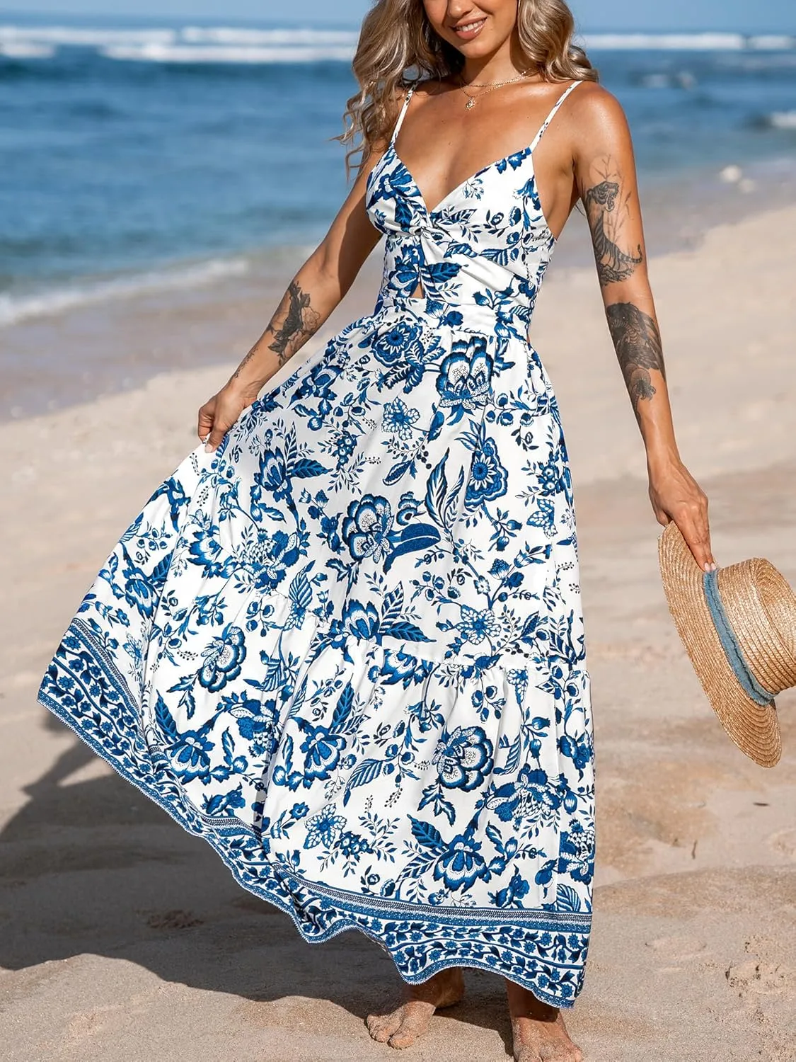CUPSHE Women's Maxi Dress Floral Print Twisted V Neck Sleeveless Long Dress Summer Casual Dress
