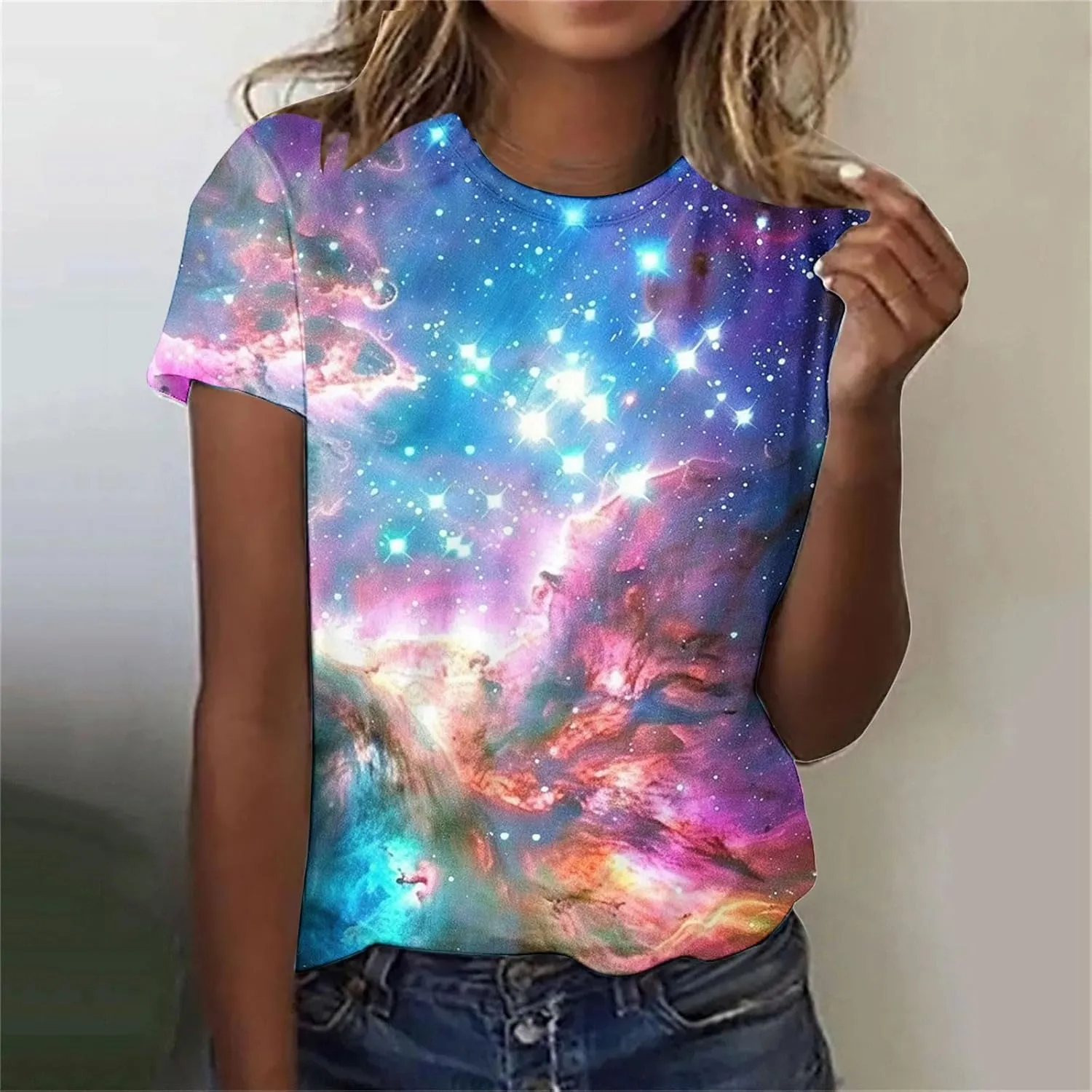 Cute Summer Tops for Women Galaxy Space Print Petite Shirts Casual Short Sleeve Crewneck Graphic Tees Blouses