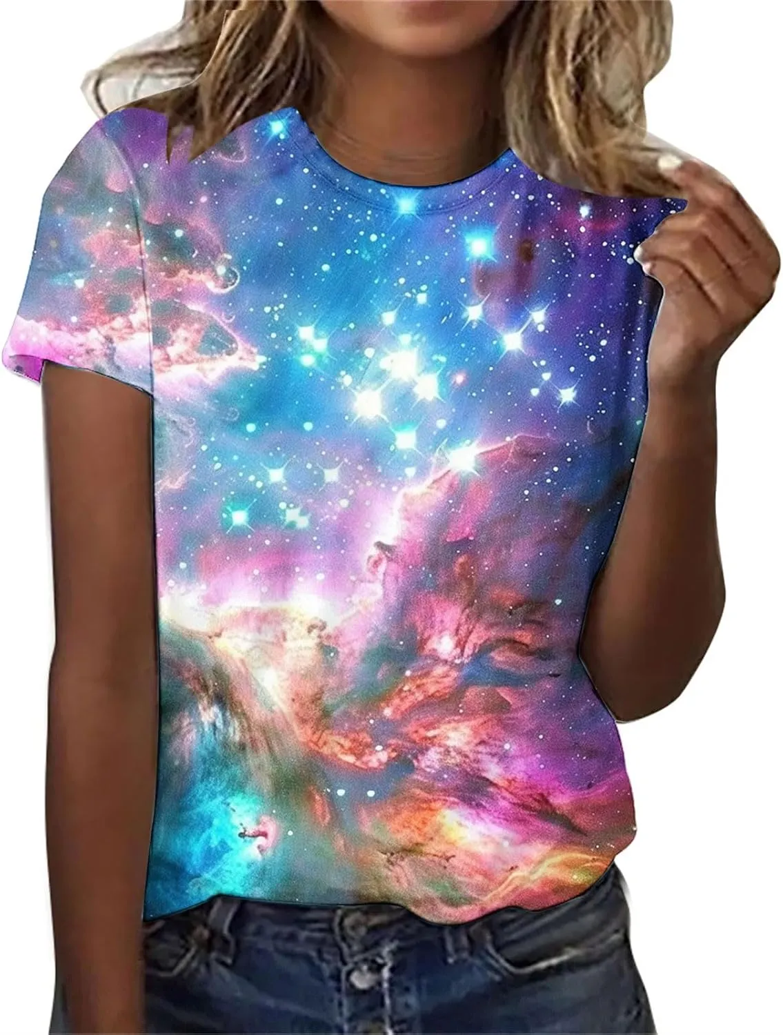 Cute Summer Tops for Women Galaxy Space Print Petite Shirts Casual Short Sleeve Crewneck Graphic Tees Blouses