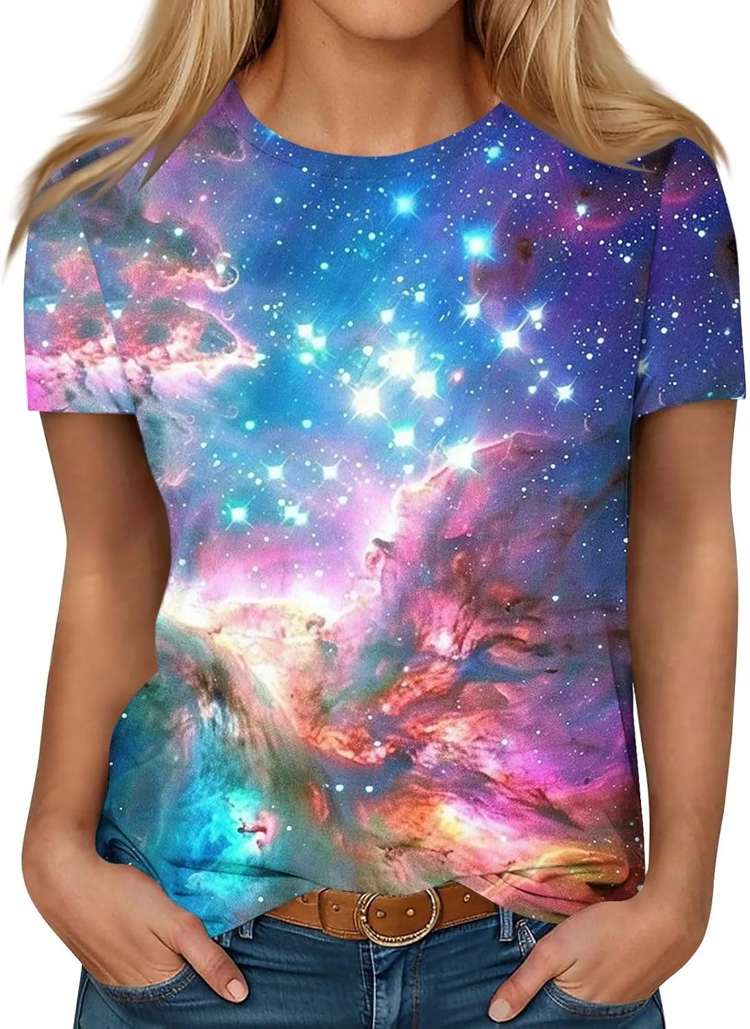 Cute Summer Tops for Women Galaxy Space Print Petite Shirts Casual Short Sleeve Crewneck Graphic Tees Blouses