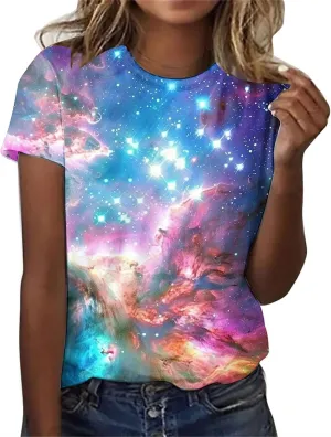 Cute Summer Tops for Women Galaxy Space Print Petite Shirts Casual Short Sleeve Crewneck Graphic Tees Blouses