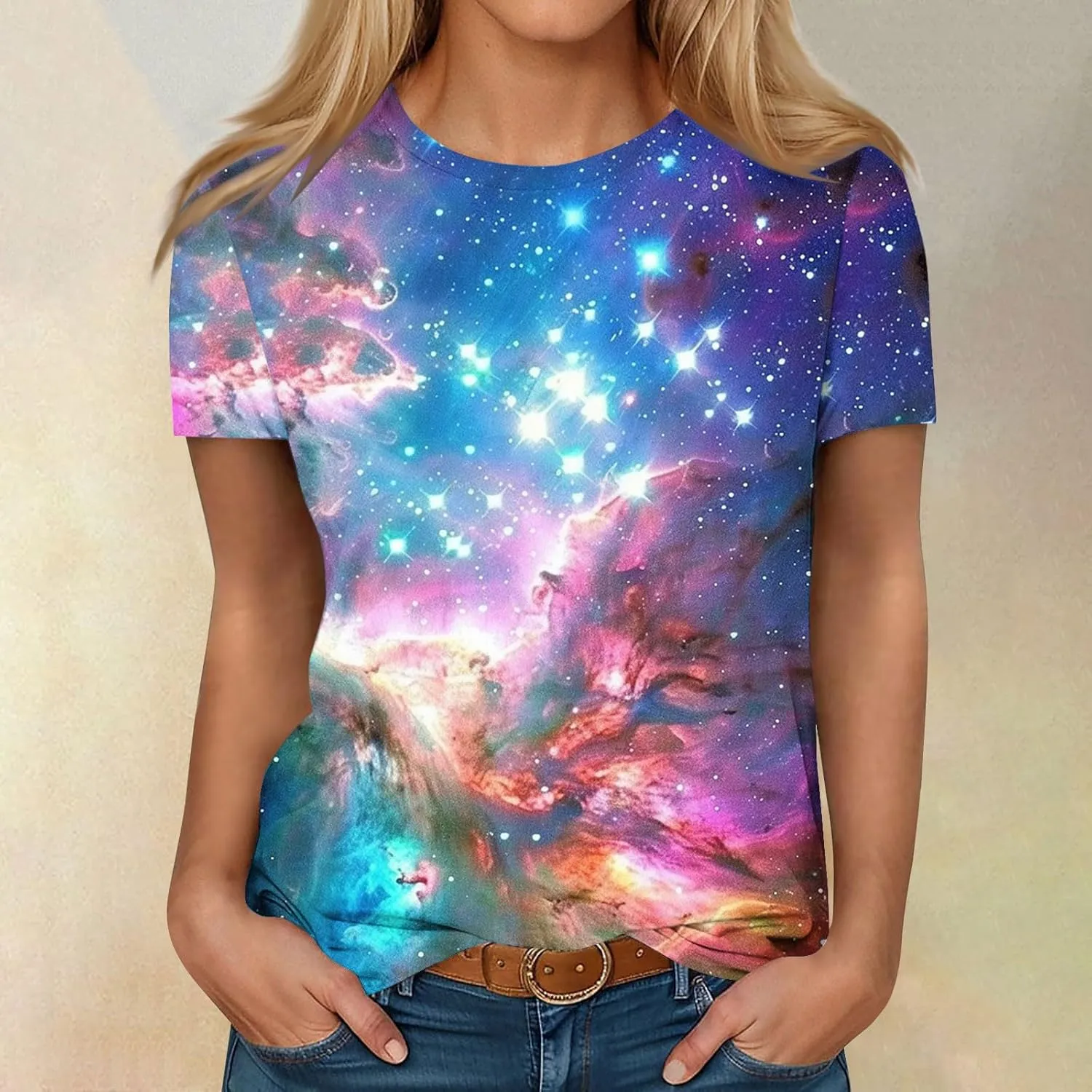 Cute Summer Tops for Women Galaxy Space Print Petite Shirts Casual Short Sleeve Crewneck Graphic Tees Blouses
