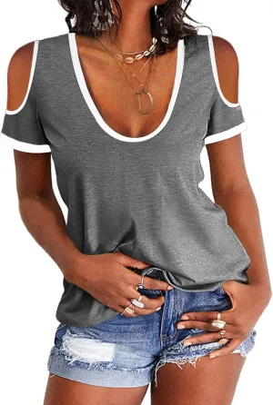 Dellytop Women's Cold Shoulder Top Casual Scoop Neck Short Sleeve T-Shirt