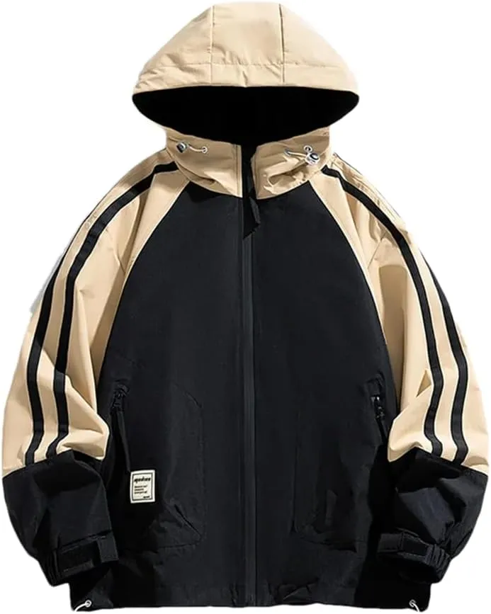 Dninmim Men's Patchwork Colour Block Thin Hooded Jacket Outdoor Casual Camping Street Coat