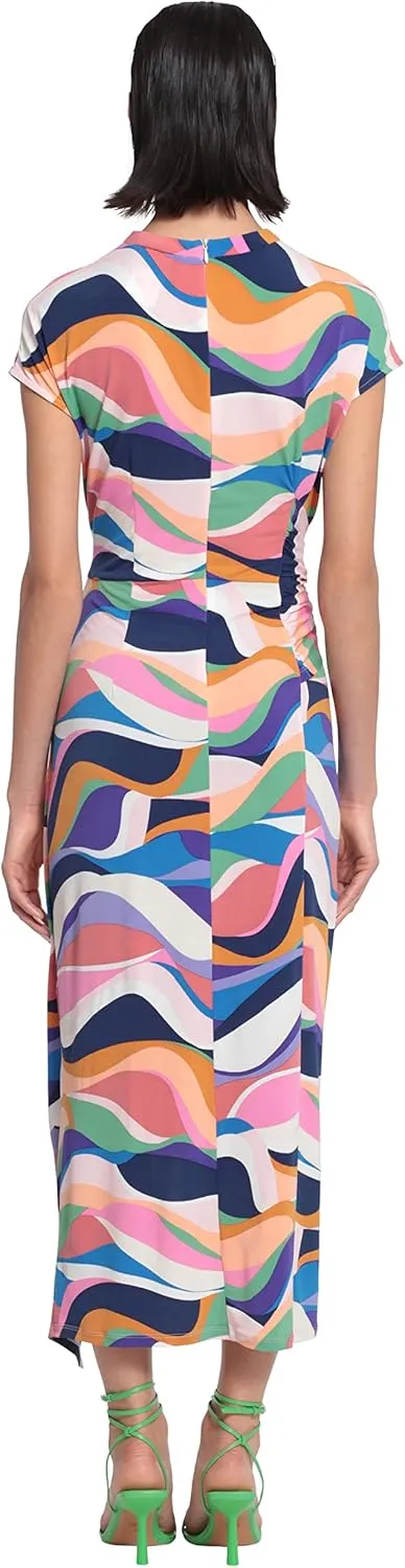 Donna Morgan Women's Short Sleeve Mock Neck Wrap Look with Asymmetric High Low Midi Hem