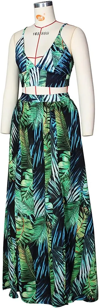 EOSIEDUR Women's Chiffon Bohemian Floral Printed 2 Piece Sets Crop Cami Top & Split Beach Party Maxi Dress