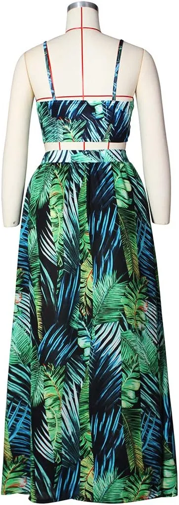 EOSIEDUR Women's Chiffon Bohemian Floral Printed 2 Piece Sets Crop Cami Top & Split Beach Party Maxi Dress