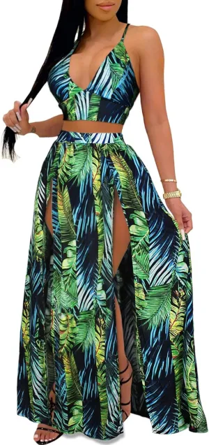 EOSIEDUR Women's Chiffon Bohemian Floral Printed 2 Piece Sets Crop Cami Top & Split Beach Party Maxi Dress