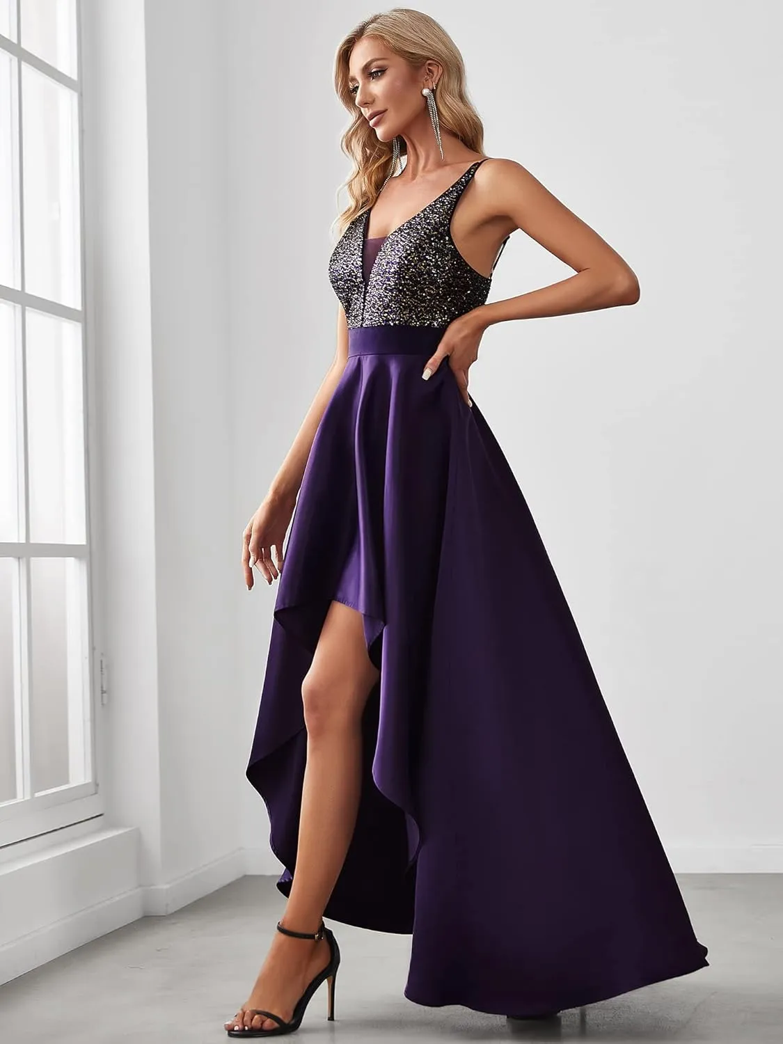 Ever-Pretty Women's Bridesmaid Dresses Summer Glitter V-Neck A-line High-Low Wedding Guest Dresses 00667