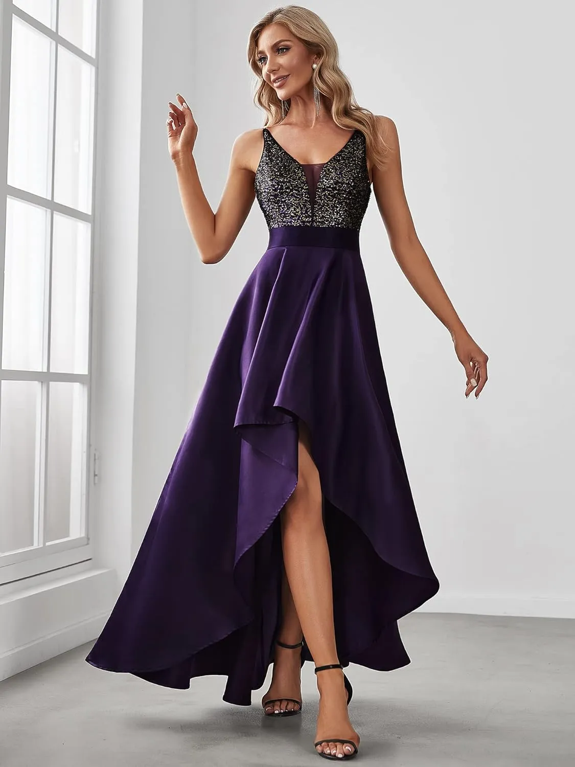 Ever-Pretty Women's Bridesmaid Dresses Summer Glitter V-Neck A-line High-Low Wedding Guest Dresses 00667