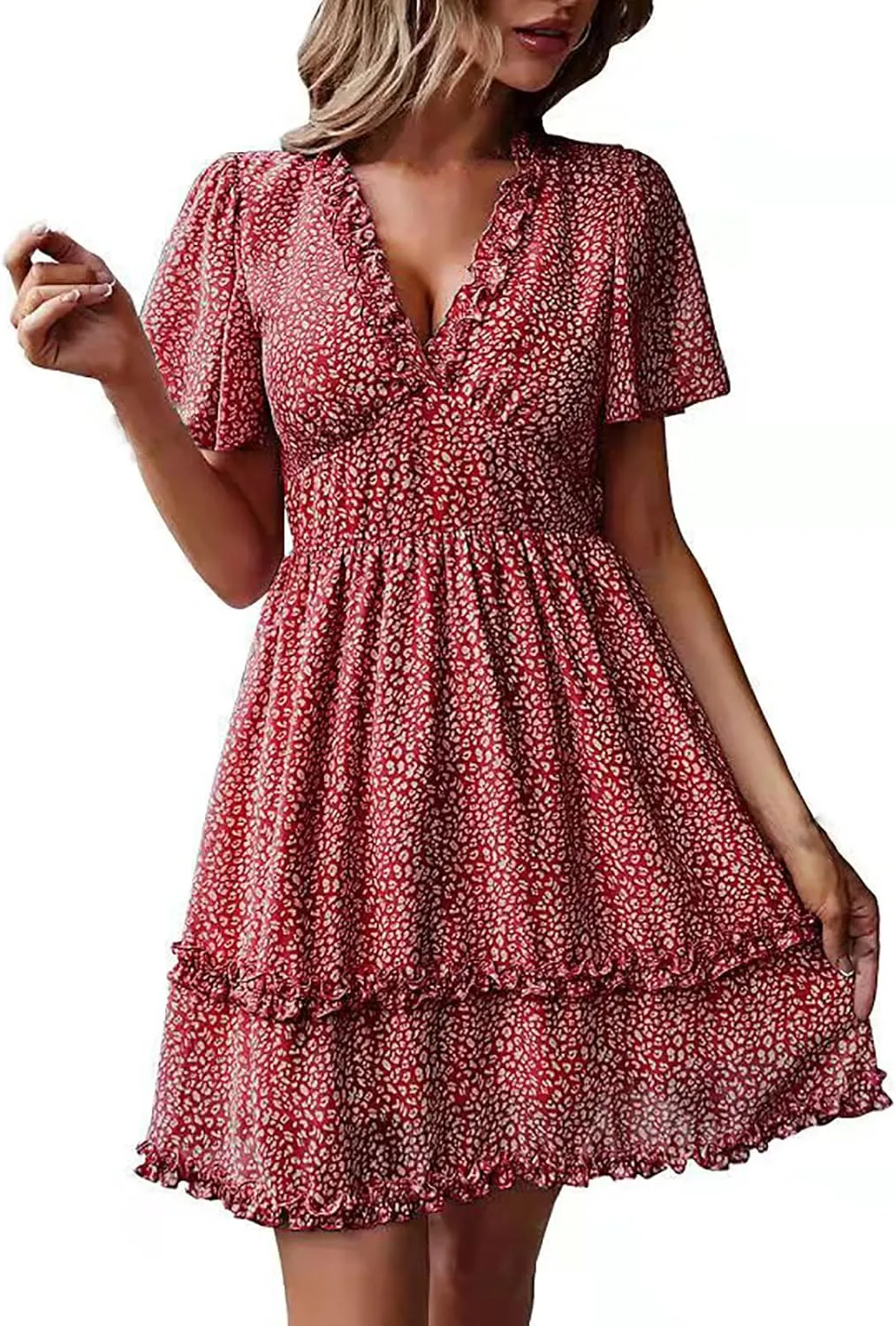 Floral Dresses for Women 2025 Deep V Neck Short Sleeve Summer Dress Shirred Elastic Waist A-Line Tunic Mini Dress