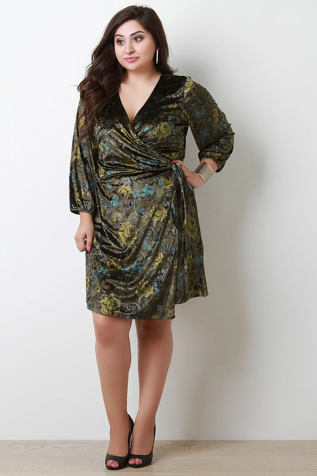 Floral Velvet Self Wrap Midi Dress