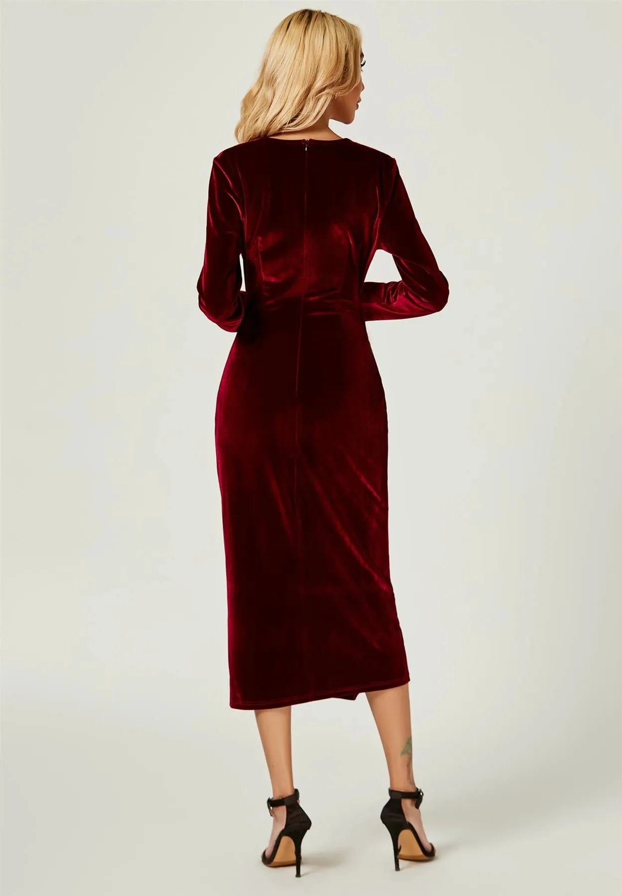 FS Collection Velvet Wrap Style Burgundy Midi Dress