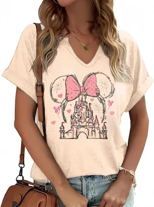 Graphic Tee for Women Vintage Rock Band Shirts Holiday Vacation Magic Kingdom Castle Sleeve Tops