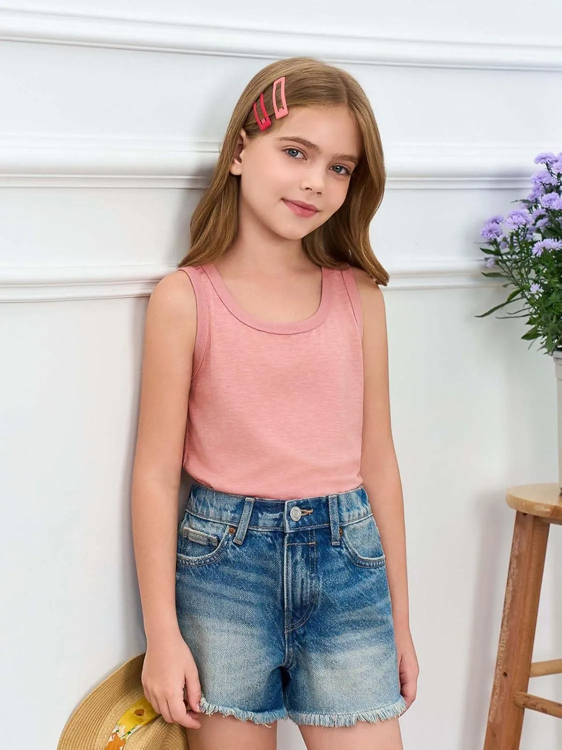 Haloumoning Girls Tank Tops Kids Summer Crewneck Sleeveless Shirts Dancewear 5-14 Years