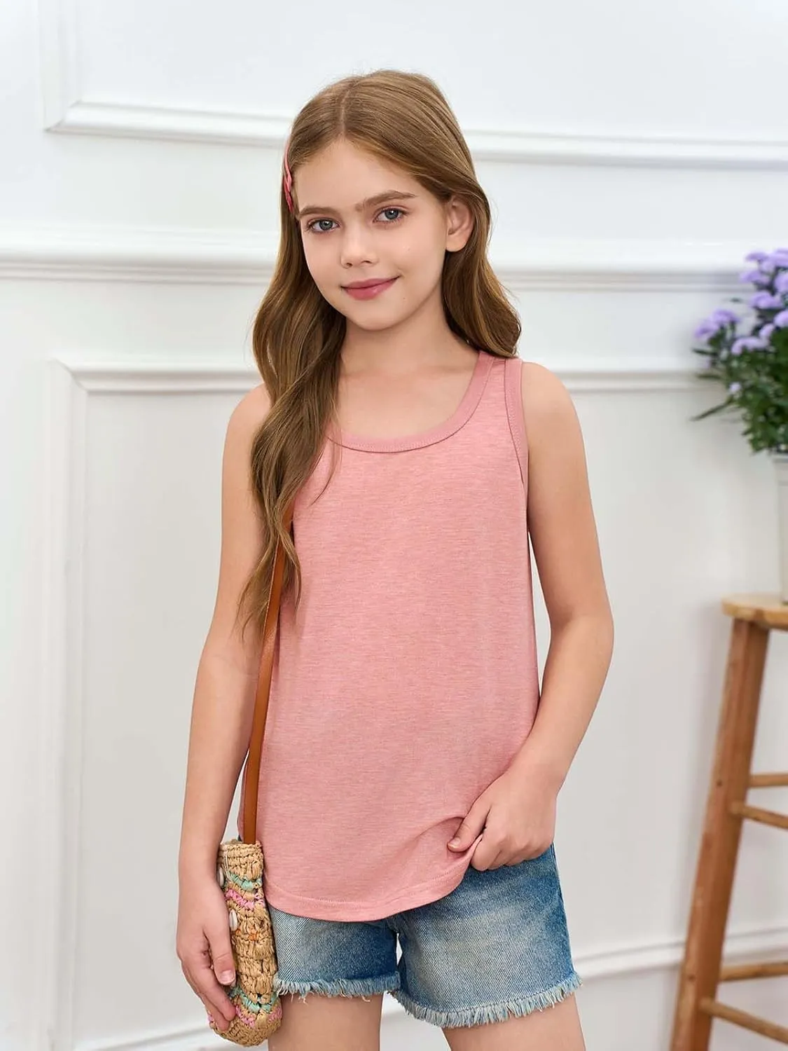 Haloumoning Girls Tank Tops Kids Summer Crewneck Sleeveless Shirts Dancewear 5-14 Years