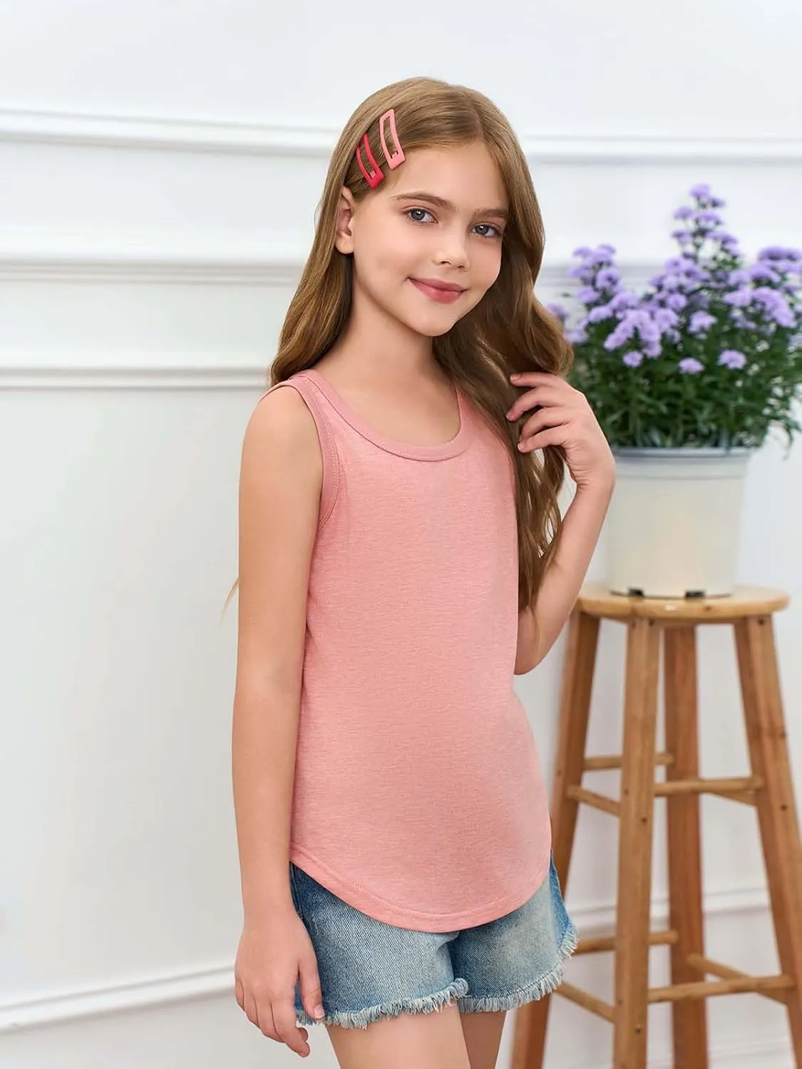 Haloumoning Girls Tank Tops Kids Summer Crewneck Sleeveless Shirts Dancewear 5-14 Years